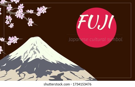 Traditional japanese landscape with mount fuji on a dark background. Vector banner, illustration in a flat style for presentation and advertising.