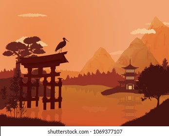 Traditional Japanese landscape. Rising sun, mountains lake. Japanese gates. Torii. Flat style