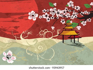 Traditional Japanese landscape with sunset and cherry blossom, vector