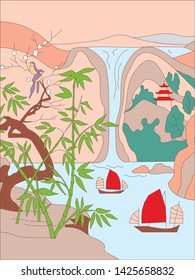 traditional Japanese landscape, waterfall, Japanese graphics, oriental art, bamboo by the water, birds on the branches