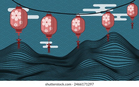 Traditional Japanese lantern background with mountain landscape, Japanese mountain patterns, Jeoang lanterns, Obon festival