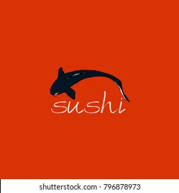 traditional Japanese lettering sushi and carp koi logo on a red background