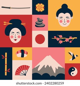 Traditional japanese luck symbols. Cute geisha masks, samurai sword, sakura branch and fujiyama peak, cartoon culture elements, vector cards.eps
