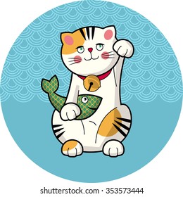 Traditional japanese lucky cat with fish. Maneki-neko. Vector illustration