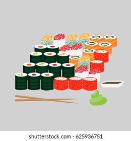 Traditional japanese lunch concept with sushi set soy sauce chopsticks and wasabi isolated vector illustration