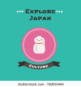 Traditional Japanese maneki neko lucky cat  vector illustration. Travel to Japan concept design, background 