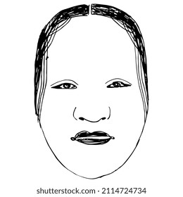 Traditional Japanese mask of Noh theatre. Stylized human face. Hand drawn linear doodle rough sketch. Black silhouette on white background.