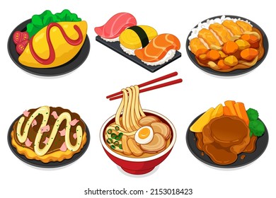 Traditional japanese meal set. (Omelet, Sushi, Katsu curry rice, Okonomiyaki, Miso ramen and Hamburg)
Japanese food menu collection illustration vector.