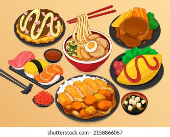 Traditional japanese meal set. (Omelet, Sushi, Katsu curry rice, Okonomiyaki, Miso ramen and Hamburg)
Japanese food menu collection illustration vector.