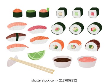 traditional Japanese meal with spicy seafood, tuna salmon and shrimps. Vector isolated set