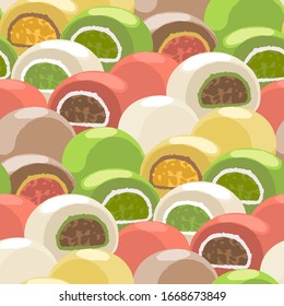 Traditional japanese mochi desserts of different tastes. Vector repeated seamless pattern