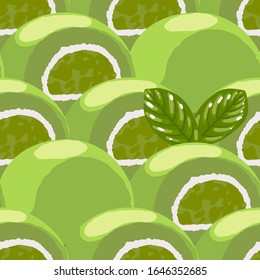 Traditional japanese mochi desserts of matcha taste. Vector repeated seamless pattern