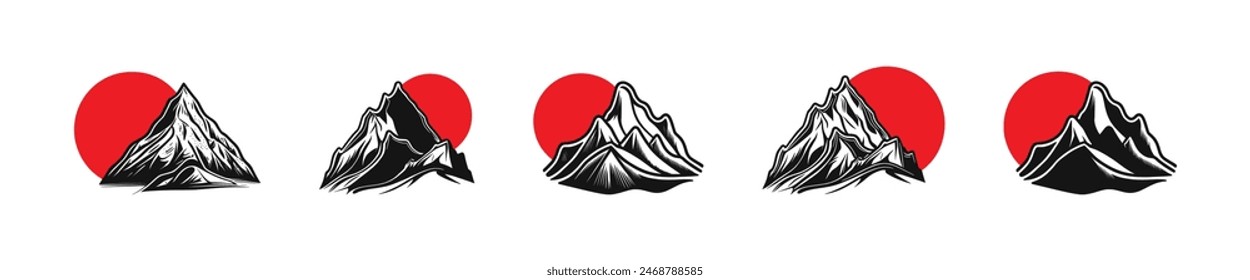 Traditional Japanese mountain illustration. Japan style mountains. Red circle sun design element.