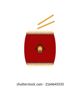 Traditional Japanese musical percussion instrument Taiko drum. Vector illustration in flat style isolated on white background