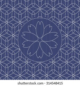 Traditional Japanese needlework. Sashiko. Abstract geometric backdrop. Old Sashiko motif flower (Hana-Zashi). Quilling texture. For decoration or printing on fabric. Can be used as seamless pattern.