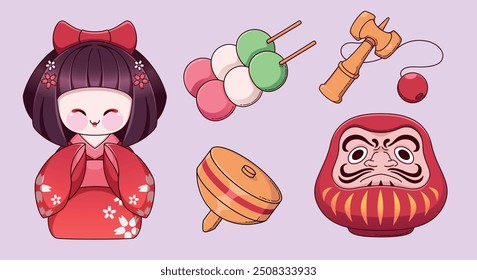 Conjunto de Elementos de celebración del Año Nuevo japonés tradicional. Vector de dibujos animados daruma muñeca y kokeshi geisha chica figurina en kimono rojo, girando top koma y kendama juguete, dango bolas de arroz en pincho.