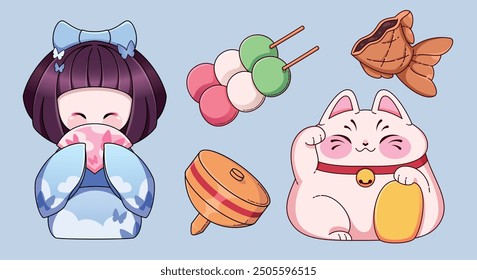 Traditional Japanese New Year elements set - good luck talisman maneki neko cat, kokeshi doll of geisha in blue kimono with fan, taiyaki fish shaped cookie, spinning top koma toy, dango on skewer.