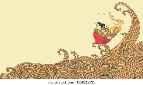 Traditional japanese noodle. Asian food. Illustration of ramen. Vector illustration with empty space for text