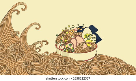 Traditional japanese noodle. Asian food. Illustration of ramen. 