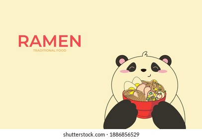 Traditional japanese noodle. Asian food. Panda with plate of noodles in paws