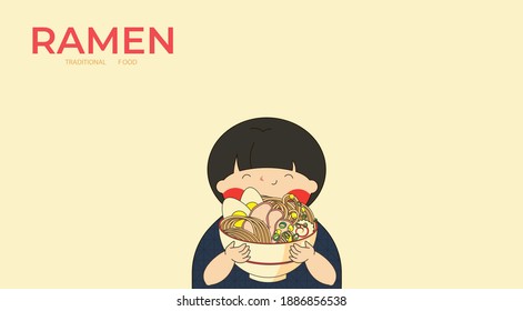 Traditional japanese noodle. Asian food. Boy with plate of noodles in hand