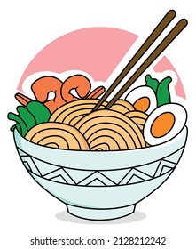 Traditional Japanese noodles, udon with shrimp and egg.