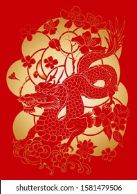 Traditional Japanese old dragon with peach blossom for tattoo design.Chinese dragon for printing on T-shirt and painting on background white.Symbol of Chinese culture.Cartoon vector illustration style