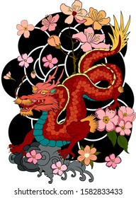 Traditional Japanese old dragon with peach blossom for tattoo design.Chinese dragon for printing on T-shirt and painting on background white.Symbol of Chinese culture.Cartoon vector illustration style