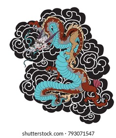 traditional Japanese old dragon tattoo.old dragon with peony, chrysanthemum flower and water splash illustration design.hand drawn vector art asian style.