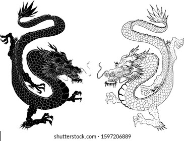 Traditional Japanese old dragon.Chinese dragon vector for printing on shirt.Old dragon illustration for painting on background.Chinese dragon for tattoo design on isolated white background.