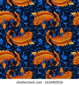 Traditional japanese ornament. Seamless pattern. Waves an koi carps. Asian nautical background. Vector illustration