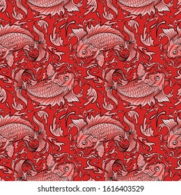 Traditional japanese ornament. Seamless pattern. Waves an koi carps. Asian nautical background. Vector illustration