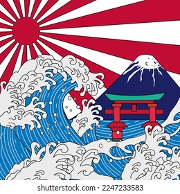 traditional japanese painting depicts large wave forming a spiral in the centre and Mount in the background.
