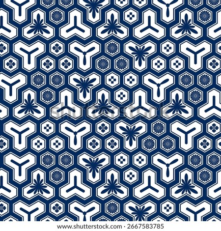 Traditional Japanese pattern design. Seamless Bishamon Kikkō Mixed Motifs inspired motif.
