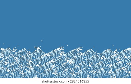 Traditional Japanese pattern. Rough sea wave design. Blue background vector illustration.