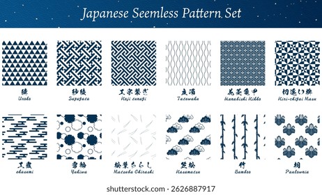 Conjunto de amostras padrão japonês tradicional com nomes - 12 designs incluindo Uroko, Sayagata, Koji Tsunagi, Ritsumoyo e muito mais, ilustração de vetor