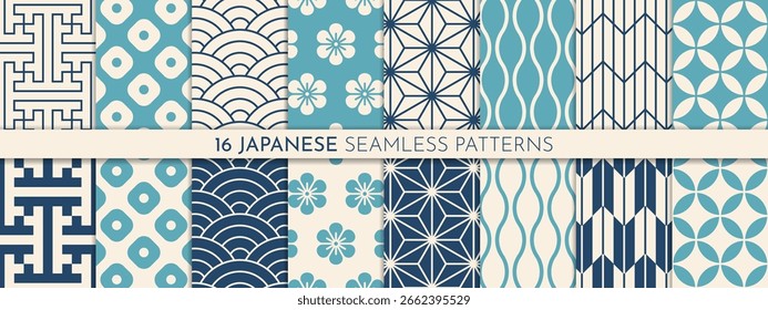 Traditional Japanese pattern set. Seamless abstract backgrounds with lines, flowers.