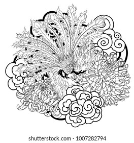 traditional Japanese peacock tattoo. Peacock with peony, chrysanthemum flower and water splash illustration design.hand drawn vector art asian style.