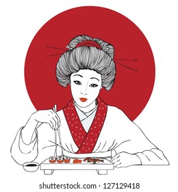 Traditional japanese pretty girl enjoy sushi. Vector illustration. Menu template