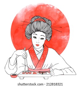 Traditional Japanese pretty girl enjoy sushi. Vector illustration. Menu template 