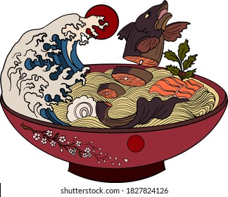 Traditional Japanese ramen with salmon on sakura bowl.Sunrise and Japanese wave on ramen.Asian noodle food.Japan food for printing on wallpaper at restaurant.Beautiful line art of noodle bowl.