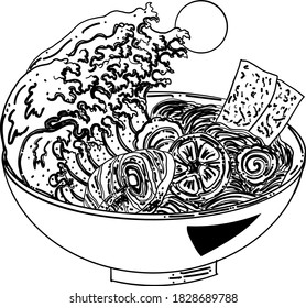 Traditional Japanese ramen with salmon on sakura bowl.Sunrise and Japanese wave on ramen.Asian noodle food.Japan food for printing on wallpaper at restaurant.Beautiful line art of noodle bowl.