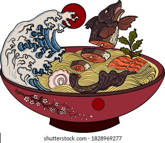 Traditional Japanese ramen with salmon on sakura bowl.Sunrise and Japanese wave on ramen.Asian noodle food.Japan food for printing on wallpaper at restaurant.Beautiful line art of noodle bowl.
