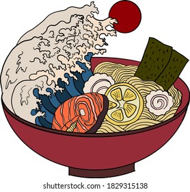 Traditional Japanese ramen with salmon on sakura bowl.Sunrise and Japanese wave on ramen.Asian noodle food.Japan food for printing on wallpaper at restaurant.Beautiful line art of noodle bowl.