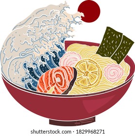 Traditional Japanese ramen with salmon on sakura bowl.Sunrise and Japanese wave on ramen.Asian noodle food.Japan food for printing on wallpaper at restaurant.Beautiful line art of noodle bowl.