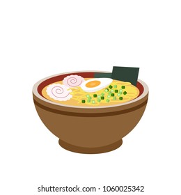 Traditional Japanese ramen soup with noodles and boiled egg isolated flat vector illustration. Bowl of delicious ramen. Street junk food meal. Soup with eggs and fish cake icon. Restaurant cafe sign