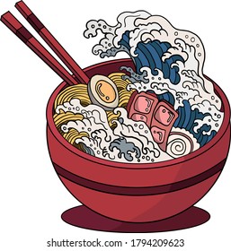 Traditional Japanese ramen and wave for restaurant printing on wallpaper.Ramen vector illustration for doodle art.