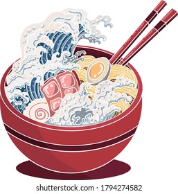 Traditional Japanese ramen and wave for restaurant printing on wallpaper.Ramen vector illustration for doodle art.