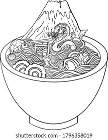 Traditional Japanese ramen and wave for restaurant printing on wallpaper.Ramen vector illustration for doodle art.