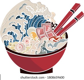 Traditional Japanese ramen and wave for restaurant printing on wallpaper.Ramen vector illustration for doodle art.